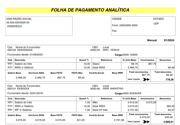 folha de pagamentos analítica